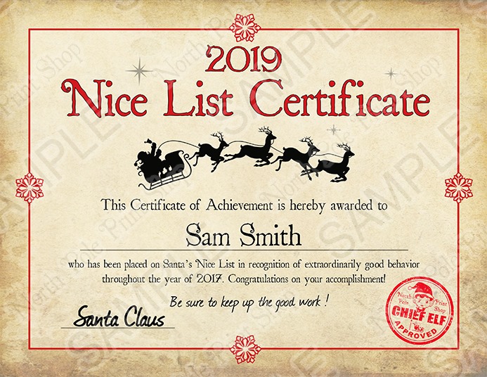Nice List Certificate. Move your mouse over the image to highlight personalizations.
